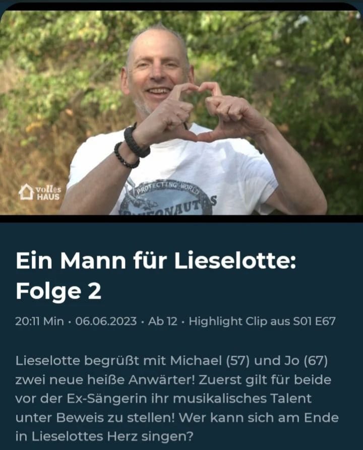 TV Sendung :  Eine Mann fuer Lieselotte, Folge 2 in SAT1 / Volles Haus. Kann auf SAT1 Mediathek angeschaut werden.  06.06.2023